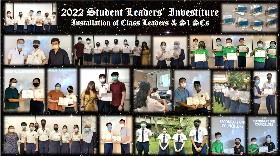 Collage of masked students receiving certificates at the 2022 Student Leaders Investiture for Class Leaders and S1 SCs.
